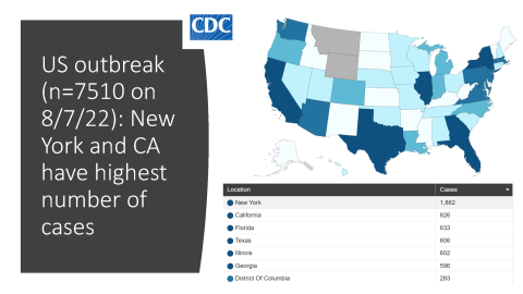 Us outbreak (n=7510 on 8/7/22): New York and CA have highest number of cases