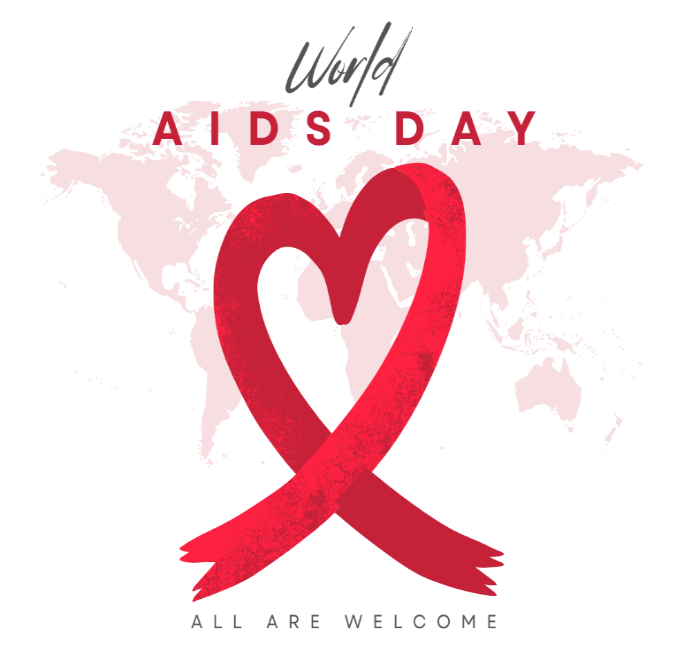 decorative World AIDS Day image with red AIDS ribbon heart